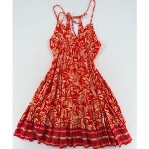 Angie Boho Mini Dress Red Tropical Print Tie Back Flowy S